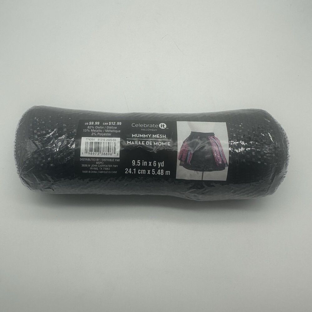 Celebrate It Halloween Mummy Mesh Black Metallic 9.5” x 6 Yards
